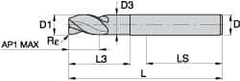 Kennametal - 0.472", 3 Flute, Single End, Solid Carbide, Corner Radius End Mill - 84mm OAL, 45° Helix, Right Hand Flute, 18mm LOC, Right Hand Cut, 36mm Extended Reach - USA Tool & Supply