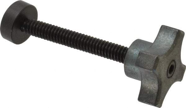 Made in USA - 1/4-20 Lobed Shoulder Swivel Pad Tip Steel Thumb Screw - 2-9/16" OAL, 1-1/8" Head Diam x 5/8" Head Height, Black Oxide Finish - USA Tool & Supply