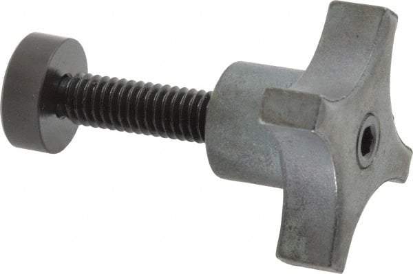 Made in USA - 5/16-18 Lobed Shoulder Swivel Pad Tip Steel Thumb Screw - 2-1/8" OAL, 1-1/2" Head Diam x 7/8" Head Height, Black Oxide Finish - USA Tool & Supply