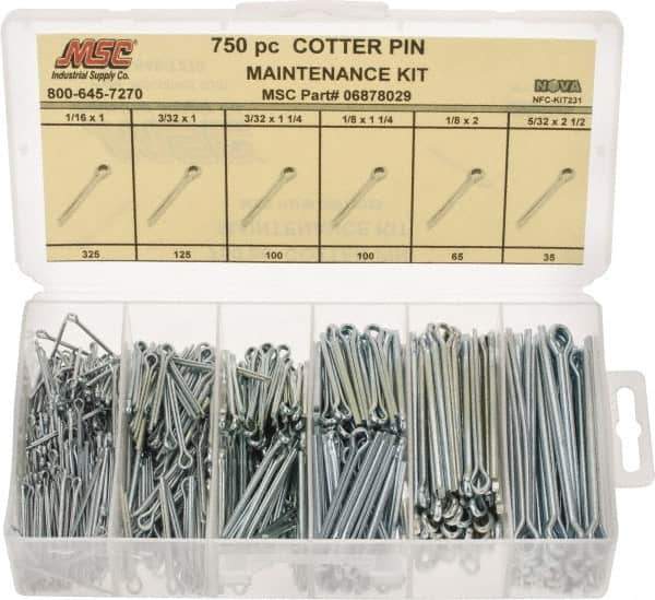 Value Collection - 750 Piece, 1/16 to 5/32" Pin Diam, Cotter Pin Assortment - 1 to 2-1/2" Long, Steel - USA Tool & Supply