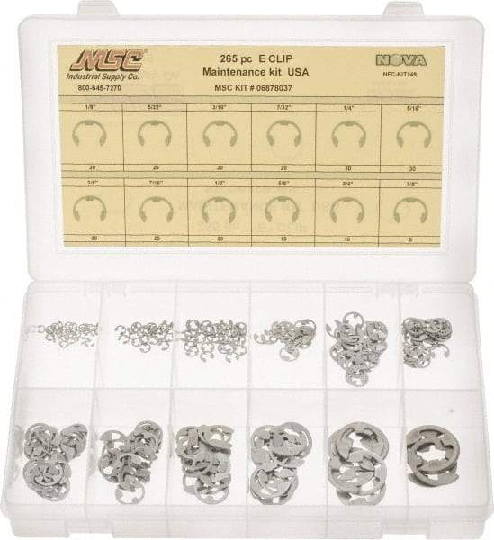 Made in USA - 265 Piece, 1/8 to 7/8", Steel, E Style External Retaining Ring Assortment - Includes Compartmented Case, Specification Labels - USA Tool & Supply