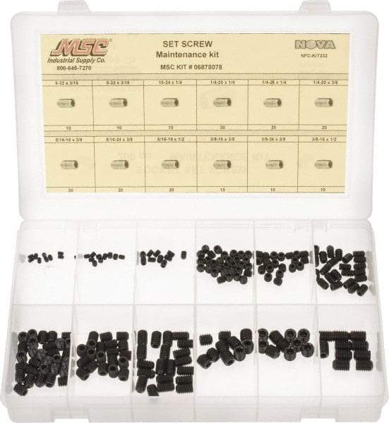 Value Collection - 200 Piece, #6-32 to 3/8-24, Steel Set Screw Assortment - Hex Head, Hex Socket Drive, 3/16 to 3/8" Long - USA Tool & Supply