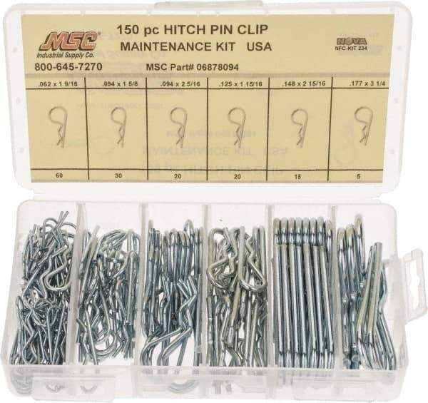 Value Collection - 150 Piece, 1/16 to 3/16" Pin Diam, Hitch Pin Assortment - 1-9/16 to 3-1/4" Long, Spring Steel - USA Tool & Supply