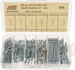 Value Collection - 150 Piece, 1/16 to 3/16" Pin Diam, Hitch Pin Assortment - 1-9/16 to 3-1/4" Long, Spring Steel - USA Tool & Supply