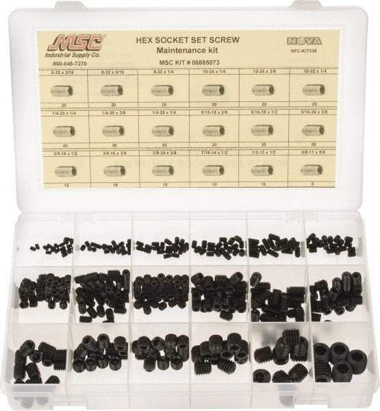Value Collection - 400 Piece, #6-32 to 5/8-11, Steel Set Screw Assortment - Hex Head, Hex Socket Drive, 3/16 to 5/8" Long - USA Tool & Supply