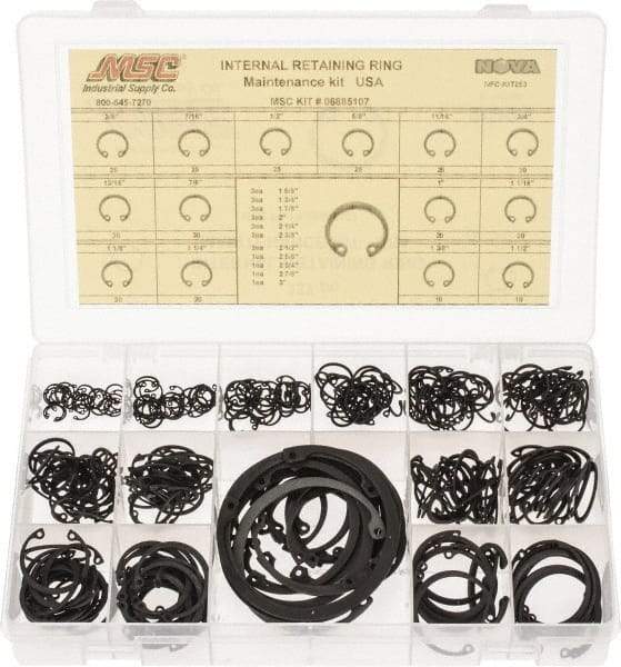 Made in USA - 337 Piece, 3/8 to 3", SpRing Assortment Steel, Snap Internal Retaining Ring Assortment - Includes Compartmented Case - USA Tool & Supply