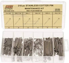 Value Collection - 315 Piece, 1/16 to 1/8" Pin Diam, Cotter Pin Assortment - 3/64 to 5/32" Long, Stainless Steel - USA Tool & Supply