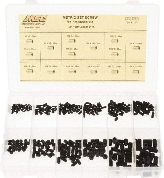Value Collection - 375 Piece, M3 to M8, Steel Set Screw Assortment - Hex Head, Hex Socket Drive, 3 to 16mm Long - USA Tool & Supply