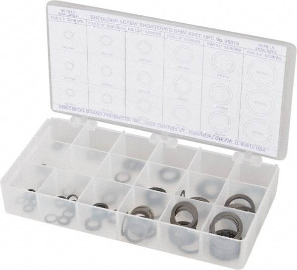 Precision Brand - 270 Piece, 1/4 to 3/4" Screw, Grade 1075 Spring Steel Flat Washer Assortment - Includes (15) 0.501 Inside x 0.738 OD Washer, (45) 0.252 to 0.751 Inside x 0.366 to 0.995 OD Washer & Compartmented Storage Case - USA Tool & Supply