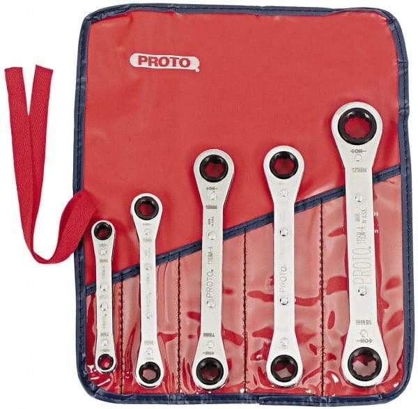 Proto - 5 Piece, 7mm to 17mm, 6, 12 Point Ratcheting Box Wrench Set - Metric Measurement Standard, Chrome Finish, Comes in Pouch - USA Tool & Supply