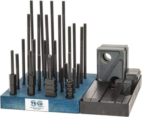 TE-CO - 50 Piece Fixturing Step Block & Clamp Set with 1" Step Block, 3/8" T-Slot, 5/16-18 Stud Thread - 5/8" Nut Width, 3, 4, 5, 6, 7 & 8" Stud Lengths - USA Tool & Supply