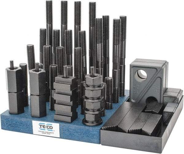 TE-CO - 50 Piece Fixturing Step Block & Clamp Set with 1" Step Block, 11/16" T-Slot, 5/8-11 Stud Thread - 1-1/8" Nut Width, 3, 4, 5, 6, 7 & 8" Stud Lengths - USA Tool & Supply