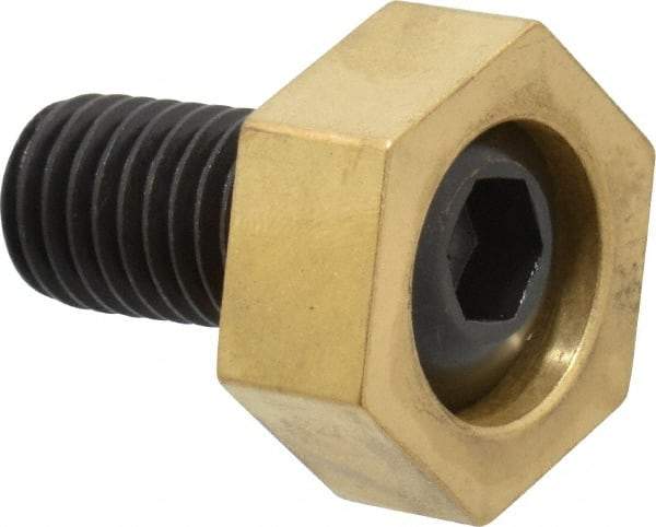 Mitee-Bite - 1-3/16" Brass Hex, 5/8-11 Stud Thread, Symmetrical Hex Clamp - 1/2" Hex Height, 6,000 Lb Holding Force, Hardened Steel Stud, 1-1/8" Long Thread, 100 Ft/Lb Torque, 4 Clamps - USA Tool & Supply