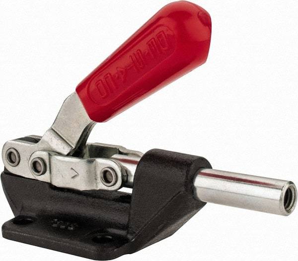 De-Sta-Co - 600 Lb Load Capacity, Flanged Base, Carbon Steel, Standard Straight Line Action Clamp - 4 Mounting Holes, 0.27" Mounting Hole Diam, 0.44" Plunger Diam, Straight Handle - USA Tool & Supply