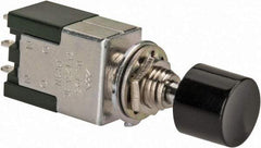 GC/Waldom - 1/4 Inch Mount Hole, Miniature Pushbutton Switch Only - Round, Black Pushbutton, Nonilluminated, Maintained (MA), On-On - USA Tool & Supply