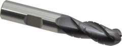 ProMax - 1/2" Diam, 1-1/4" LOC, 3 Flute Solid Carbide Roughing & Finishing Ball End Mill - AlTiN Finish, 3" OAL, 1/2" Shank Diam, Weldon Shank, 35° Helix, Centercutting, Regular Length - USA Tool & Supply