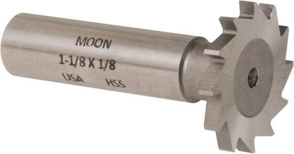 Made in USA - 1-1/8" Diam x 1/8" Face Width, High Speed Steel, 16 Teeth, Shank Connection Woodruff Keyseat Cutter - Uncoated, 2-3/16" OAL x 1/2" Shank, Straight Teeth - USA Tool & Supply