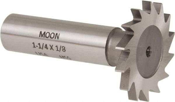 Made in USA - 1-1/4" Diam x 1/8" Face Width, High Speed Steel, 18 Teeth, Shank Connection Woodruff Keyseat Cutter - Uncoated, 2-3/16" OAL x 1/2" Shank, Straight Teeth - USA Tool & Supply