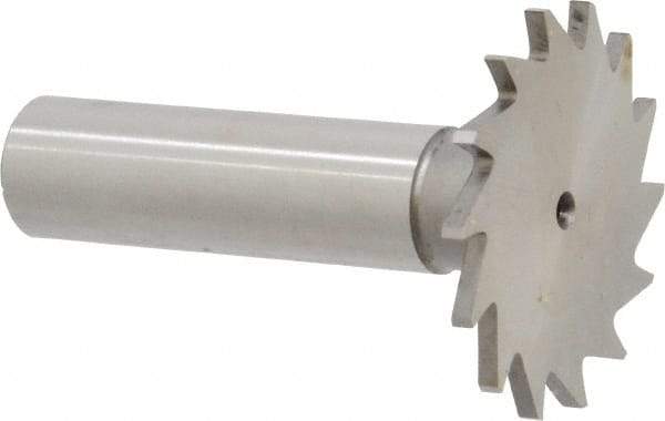 Made in USA - 1-3/8" Diam x 5/64" Face Width, High Speed Steel, 18 Teeth, Shank Connection Woodruff Keyseat Cutter - Uncoated, 2-1/4" OAL x 1/2" Shank, Straight Teeth - USA Tool & Supply