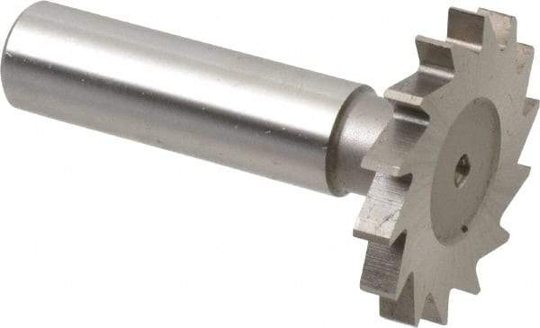 Made in USA - 1-3/8" Diam x 11/64" Face Width, High Speed Steel, 18 Teeth, Shank Connection Woodruff Keyseat Cutter - Uncoated, 2-1/4" OAL x 1/2" Shank, Straight Teeth - USA Tool & Supply