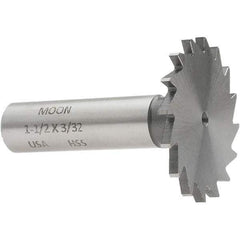 Made in USA - 1-1/2" Diam x 3/32" Face Width, High Speed Steel, 20 Teeth, Shank Connection Woodruff Keyseat Cutter - Uncoated, 2-1/4" OAL x 1/2" Shank, Straight Teeth - USA Tool & Supply