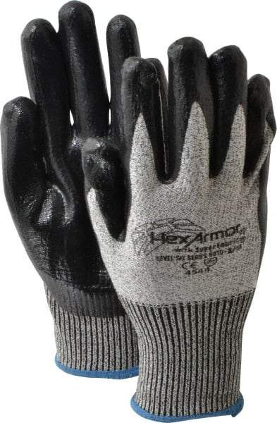 HexArmor - Size M (8), ANSI Cut Lvl A8, Puncture Lvl 5, Nitrile Coated Cut & Puncture Resistant Gloves - Palm & Fingers Coated, SuperFabric/HPPE Lining, Knit Wrist, Gray/Black, Paired - USA Tool & Supply