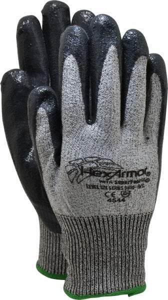 HexArmor - Size L (9), ANSI Cut Lvl A8, Puncture Lvl 5, Nitrile Coated Cut & Puncture Resistant Gloves - Palm & Fingers Coated, SuperFabric/HPPE Lining, Knit Wrist, Gray/Black, Paired - USA Tool & Supply