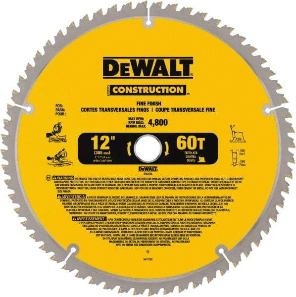 DeWALT - 12" Diam, 1" Arbor Hole Diam, 60 Tooth Wet & Dry Cut Saw Blade - Carbide-Tipped, Fine Finishing Action, Standard Round Arbor - USA Tool & Supply