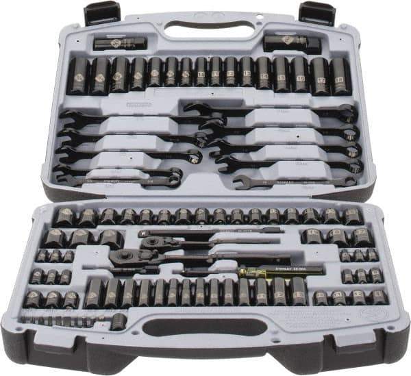 Stanley - 99 Piece 1/4 & 3/8" Drive Standard Deep Socket Set - 6 Points, 1/4 to 7/8", 4 to 19mm, Inch/Metric Measurement Standard - USA Tool & Supply