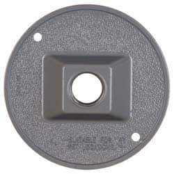 Cooper Crouse-Hinds - 1 Outlet, 1/2" Hole Diam, Powder Coat Finish, Round Noncorrosive Weatherproof Box Cover - 4-1/2" Wide x 9/16" High, Wet Locations, Aluminum, UL Listed - USA Tool & Supply