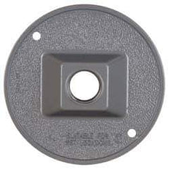 Cooper Crouse-Hinds - 1 Outlet, 1/2" Hole Diam, Powder Coat Finish, Round Noncorrosive Weatherproof Box Cover - 4-1/2" Wide x 9/16" High, Wet Locations, Aluminum, UL Listed - USA Tool & Supply