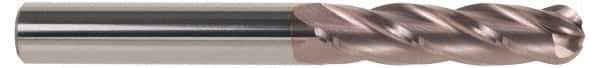 SGS - 5/8" Diam, 2-1/4" LOC, 4 Flute Solid Carbide Ball End Mill - TiCN Finish, Single End, 5" OAL, 5/8" Shank Diam, Spiral Flute - USA Tool & Supply