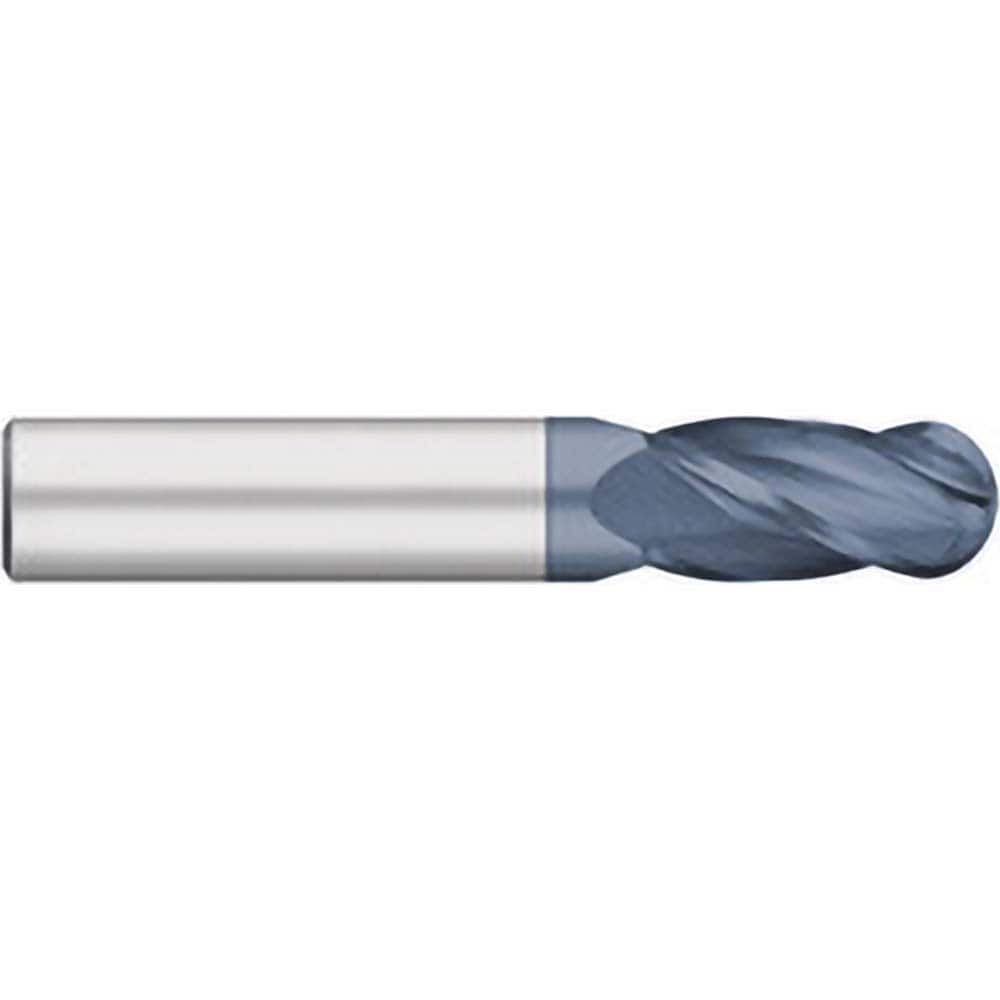 Ball End Mill: 0.0156″ Dia, 0.0313″ LOC, 4 Flute, Solid Carbide 1-1/2″ OAL, 1/8″ Shank Dia, 30 ° Helix, AlTiN Coated, Single End
