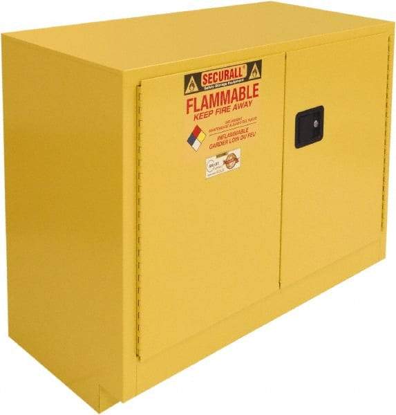 Securall Cabinets - 2 Door, 1 Shelf, Yellow Steel Under the Counter Safety Cabinet for Flammable and Combustible Liquids - 35-9/16" High x 47" Wide x 22" Deep, Manual Closing Door, 3 Point Key Lock, 36 Gal Capacity - USA Tool & Supply