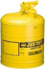 Justrite - 5 Gal Galvanized Steel Self-Closing, Self-Venting, Full-Length Flame Arrester - 16-7/8" High x 11-3/4" Diam, Yellow - USA Tool & Supply