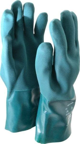 SHOWA - Size L (10), 12" Long, Supported, PVC Chemical Resistant Gloves - Textured Finish, Cotton Jersey Lined, Gauntlet Cuff, ANSI Abrasion Level 4, ANSI Cut Level 1, ANSI Puncture Level 1, Green - USA Tool & Supply