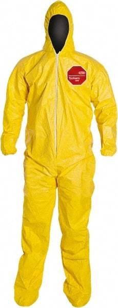 Dupont - Size L PE Film Chemical Resistant Coveralls - Yellow, Zipper Closure, Elastic Cuffs, Open Ankles, Serged Seams - USA Tool & Supply