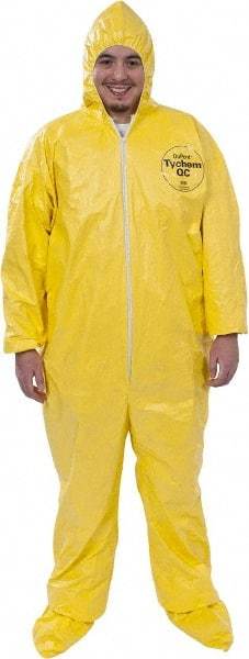 Dupont - Size 2XL PE Film Chemical Resistant Coveralls - Yellow, Zipper Closure, Elastic Cuffs, Open Ankles, Serged Seams - USA Tool & Supply