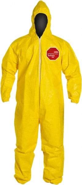 Dupont - Size XL PE Film Chemical Resistant Coveralls - Yellow, Zipper Closure, Elastic Cuffs, Elastic Ankles, Serged Seams - USA Tool & Supply