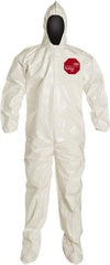 Dupont - Size L Saranex Chemical Resistant Coveralls - White, Zipper Closure, Elastic Cuffs, Open Ankles, Bound Seams - USA Tool & Supply