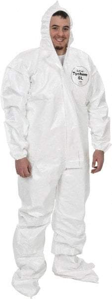 Dupont - Size 2XL Saranex Chemical Resistant Coveralls - White, Zipper Closure, Elastic Cuffs, Open Ankles, Bound Seams - USA Tool & Supply