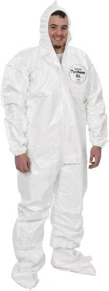 Dupont - Size 3XL Saranex Chemical Resistant Coveralls - White, Zipper Closure, Elastic Cuffs, Open Ankles, Bound Seams - USA Tool & Supply