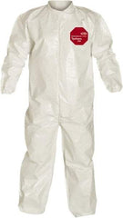 Dupont - Size L Saranex Chemical Resistant Coveralls - White, Zipper Closure, Elastic Cuffs, Elastic Ankles, Bound Seams - USA Tool & Supply