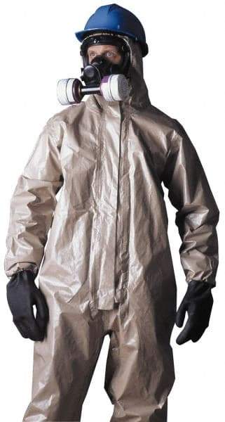 Dupont - Size 4XL Hazmat Chemical Resistant Coveralls - Tan, Zipper Closure, Elastic Cuffs, Open Ankles, Taped Seams - USA Tool & Supply