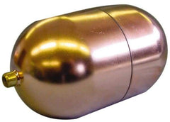 Made in USA - 4" Diam x 7" Long, Oblong, Round Spud Connection, Metal Float - 1/4-20 Thread, Copper, 25 Max psi, 23 Gauge - USA Tool & Supply