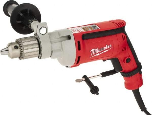 Milwaukee Tool - 1/2" Keyed Chuck, 850 RPM, Pistol Grip Handle Electric Drill - 8 Amps, 120 Volts, Non-Reversible, Includes 1/2" Magnum Drill, Chuck Key with Holder, Side Handle - USA Tool & Supply