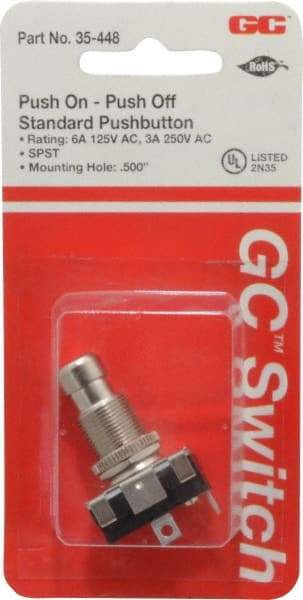 GC/Waldom - 1/2 Inch Mount Hole, Miniature Pushbutton Switch Only - Round, Chrome Pushbutton, Nonilluminated, Maintained (MA), On-Off - USA Tool & Supply