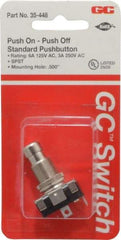 GC/Waldom - 1/2 Inch Mount Hole, Miniature Pushbutton Switch Only - Round, Chrome Pushbutton, Nonilluminated, Maintained (MA), On-Off - USA Tool & Supply
