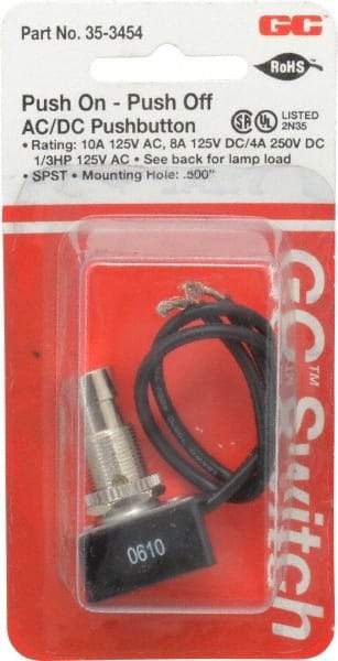 GC/Waldom - 1/2 Inch Mount Hole, Pushbutton Switch Only - Round, Chrome Pushbutton, Nonilluminated, Maintained (MA), On-Off - USA Tool & Supply