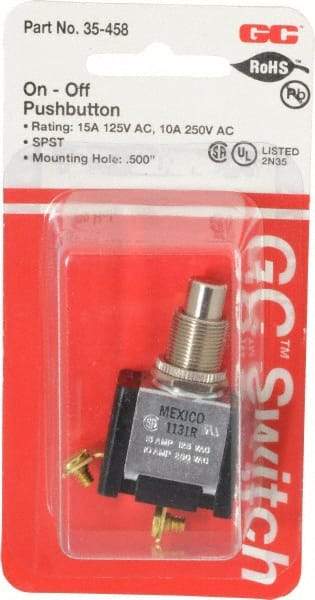 GC/Waldom - 1/2 Inch Mount Hole, Pushbutton Switch Only - Round, Chrome Pushbutton, Nonilluminated, Maintained (MA), On-Off - USA Tool & Supply